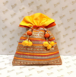 Dupion With Embroidery Tapes Yellow and Orange Potli