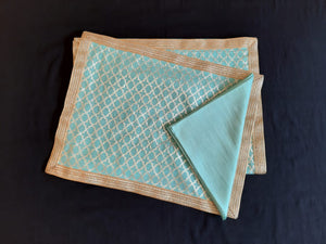 Aqua Chanderi Woven Table Mat With Lace