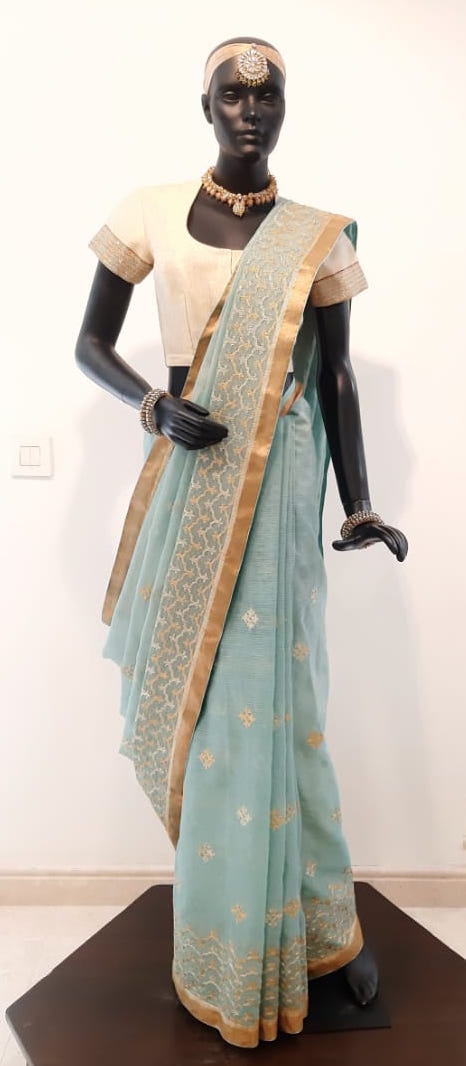 Kotah Tissue Mughal Motifs & Herringbone Border Embroidered Blue Saree
