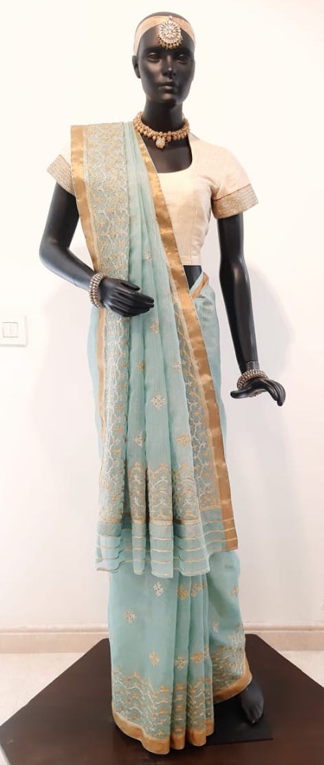Kotah Tissue Mughal Motifs & Herringbone Border Embroidered Blue Saree