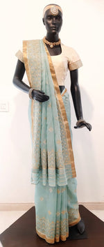 Load image into Gallery viewer, Kotah Tissue Mughal Motifs &amp; Herringbone Border Embroidered Blue Saree
