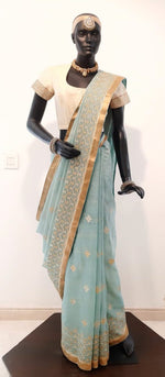 Load image into Gallery viewer, Kotah Tissue Mughal Motifs &amp; Herringbone Border Embroidered Blue Saree
