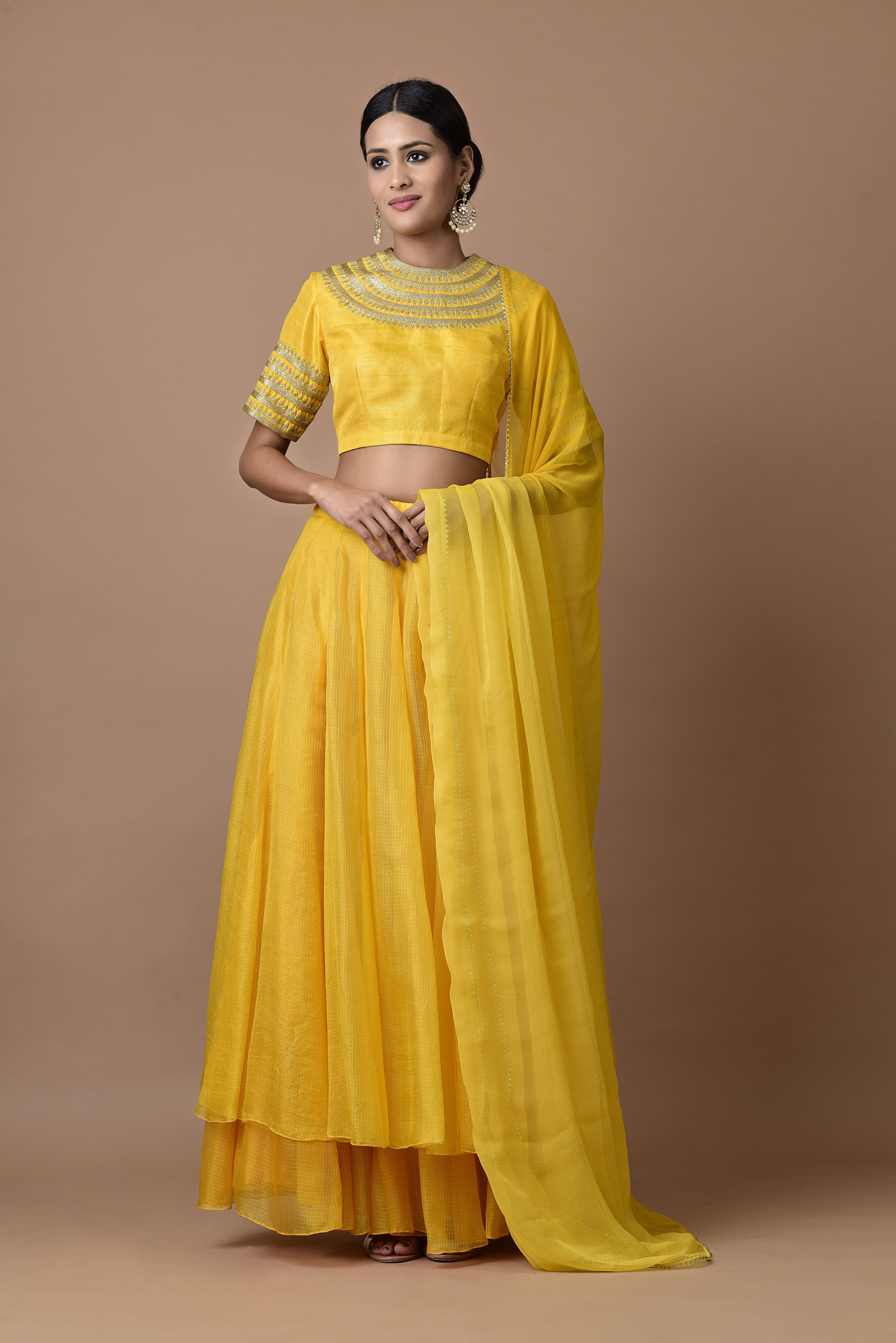 Kota Silk Double Layered Skirt With Kangoora Bandgala Design Blouse Yellow