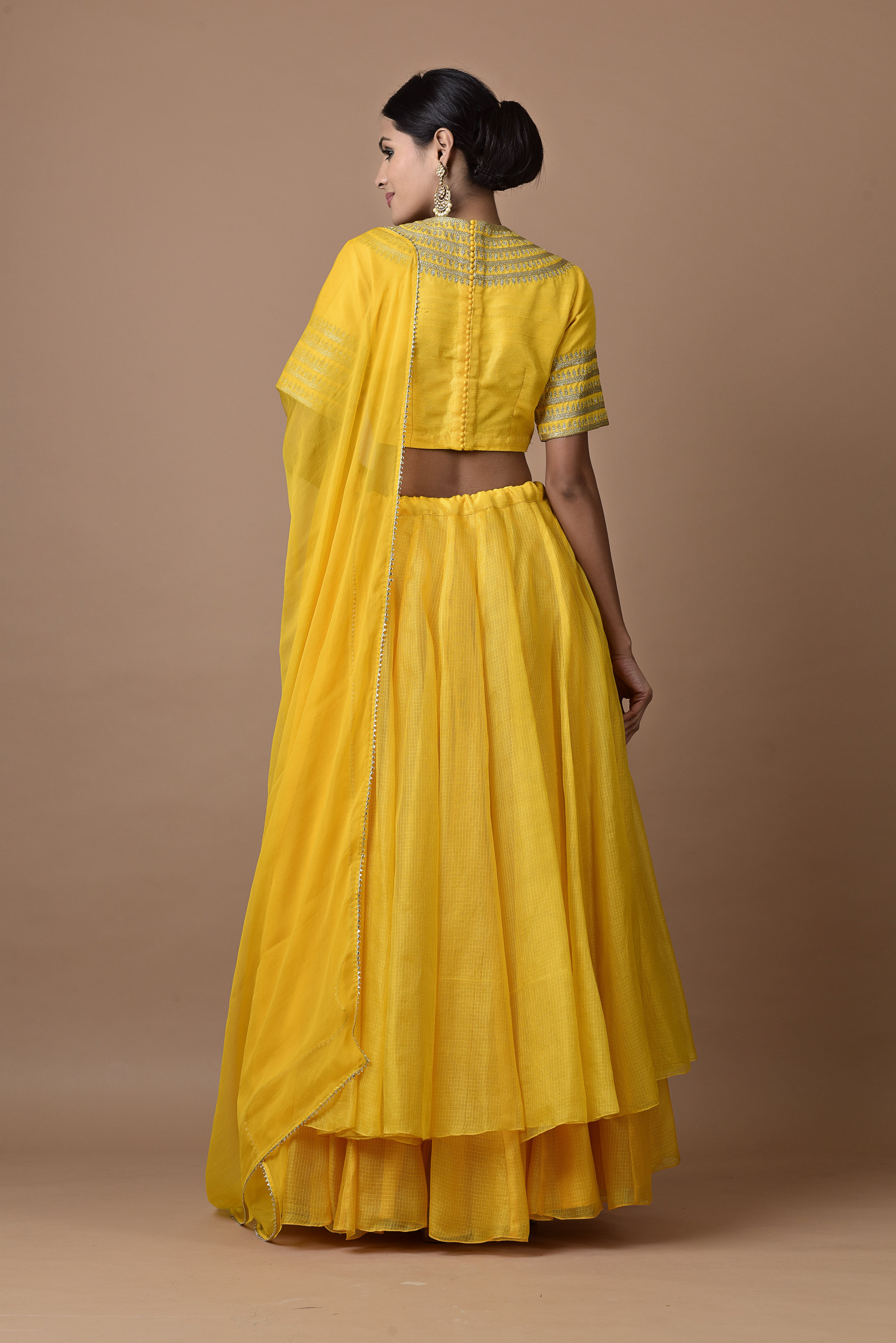 Kota Silk Double Layered Skirt With Kangoora Bandgala Design Blouse Yellow