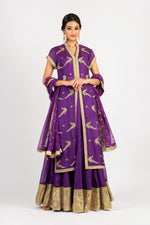 Load image into Gallery viewer, Kota Silk Purple Parrot with Leaf Buti Embroidered Lehenga and Chiffon Dupatta
