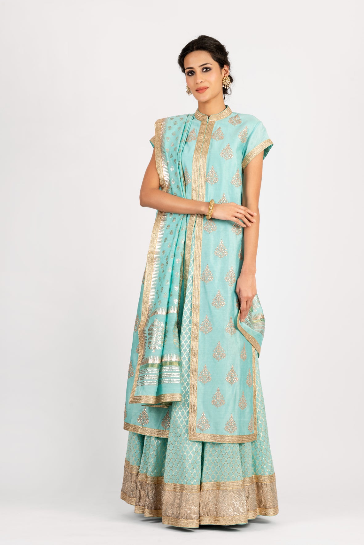 Gota Patti Embroidery Tunic With Woven Chanderi Skirt and Foil Print Dupatta