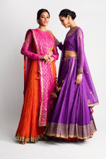 Load image into Gallery viewer, Kota Silk Fuchsia / Orange Lehenga and Foil Print Dupatta
