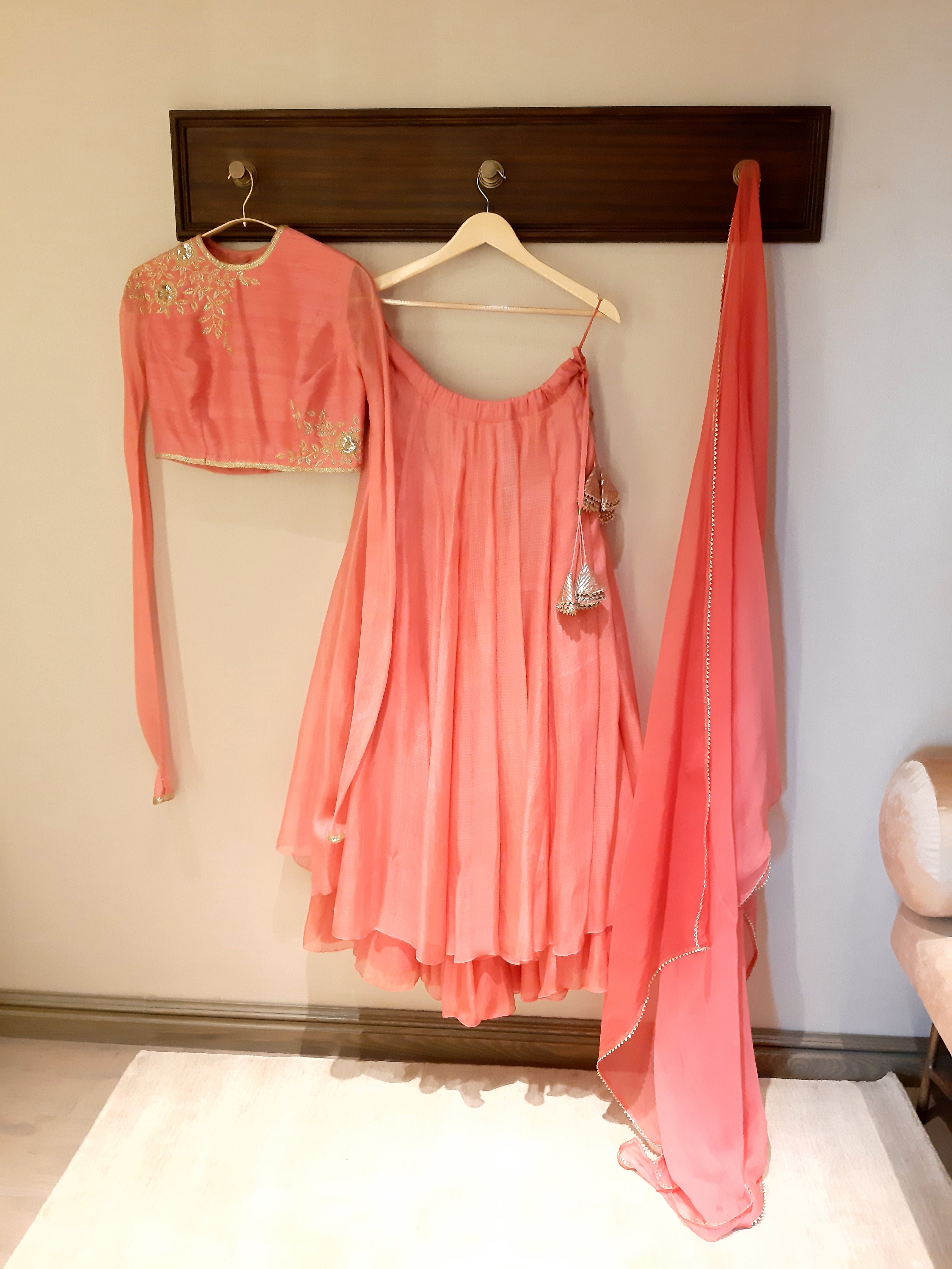 Kota Silk Double Layered Skirt With Rose Jaal Placement Design Coral