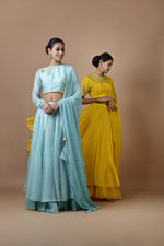 Load image into Gallery viewer, Kota Silk  Layered Skirt With  Churi Sleeve Blouse Rose Jaal Placement Design Aqua
