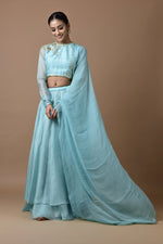 Load image into Gallery viewer, Kota Silk  Layered Skirt With  Churi Sleeve Blouse Rose Jaal Placement Design Aqua
