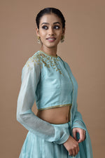 Load image into Gallery viewer, Kota Silk  Layered Skirt With  Churi Sleeve Blouse Rose Jaal Placement Design Aqua
