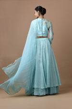 Load image into Gallery viewer, Kota Silk  Layered Skirt With  Churi Sleeve Blouse Rose Jaal Placement Design Aqua
