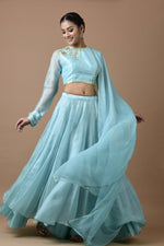 Load image into Gallery viewer, Kota Silk  Layered Skirt With  Churi Sleeve Blouse Rose Jaal Placement Design Aqua
