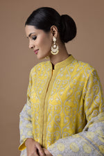 Load image into Gallery viewer, Banarasi Kota Yellow Tunic Gadh Print With Dori Highlighting, Printed Dupatta And Palazzo
