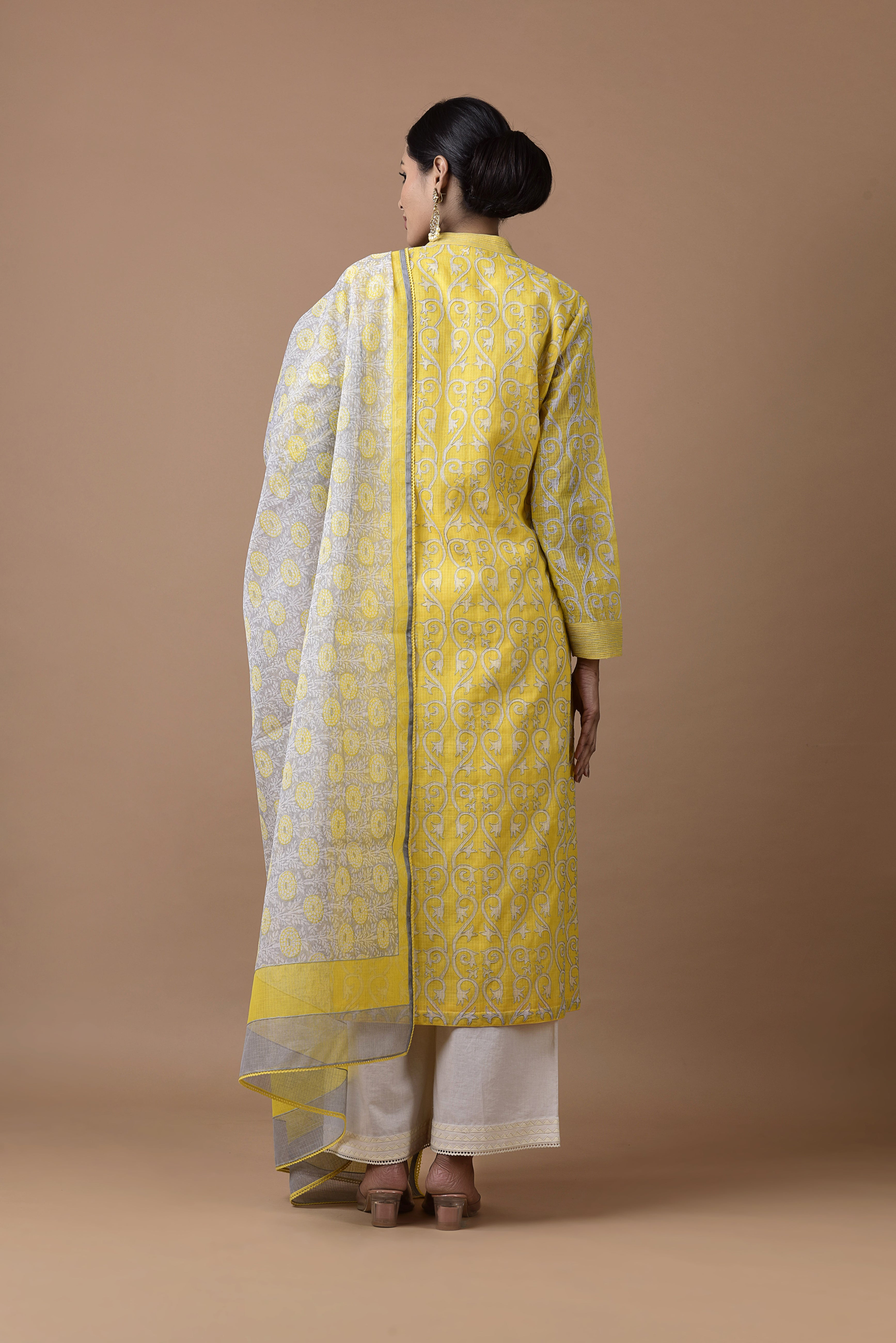 Banarasi Kota Yellow Tunic Gadh Print With Dori Highlighting, Printed Dupatta And Palazzo