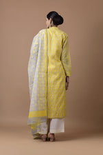 Load image into Gallery viewer, Banarasi Kota Yellow Tunic Gadh Print With Dori Highlighting, Printed Dupatta And Palazzo
