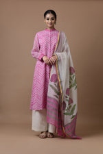Load image into Gallery viewer, Banarasi Kota Tunic Pink Diagonal Stripe Print With Printed Banarasi Kota Dupatta And Embroidered Palazzo
