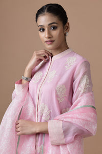 Benaras Kota Onion Pink Tunic With Off White Khadi Print Rose Buta With Dori Embodeiry Printed Dupatta And Palazzo