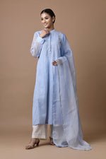 Load image into Gallery viewer, Benaras Kota Tunic Light Blue Print With Mirror Embroidery Dupatta And Palazzo
