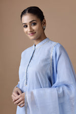 Load image into Gallery viewer, Banarasi Kota Tunic Light Blue Print With Mirror Embroidery Dupatta And Palazzo
