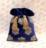 Load image into Gallery viewer, Velvet Foil Print With Dori Embroidery Hexagon Buta Blue Potli

