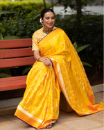 Load image into Gallery viewer, Benaras Satin Flying Birds Motif Yellow Saree
