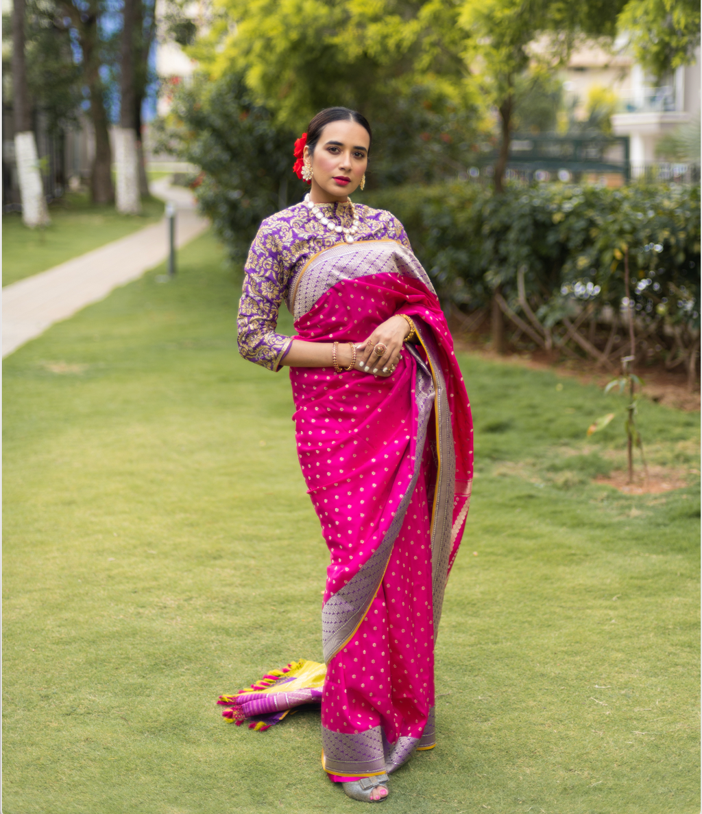 Baby Pink Contrast Blouse Plain Saree in Silk | Pink Silk Saree Online