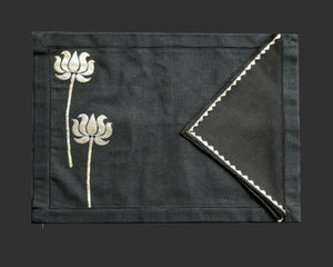 Black Khadi Fabric With Metallic Lotus Print, Dori Embroidery Table Mat and Lace Trim - Versatile and Elegant