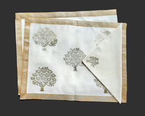 Cream Khadi Fabric with Silver and Gold Mango Tree Print Table Mat and Lace Trim - Prefect for Table Mats