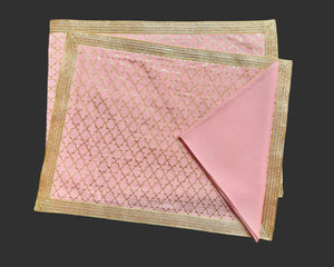 Rose Pink Chanderi Woven Table Mat With Lace