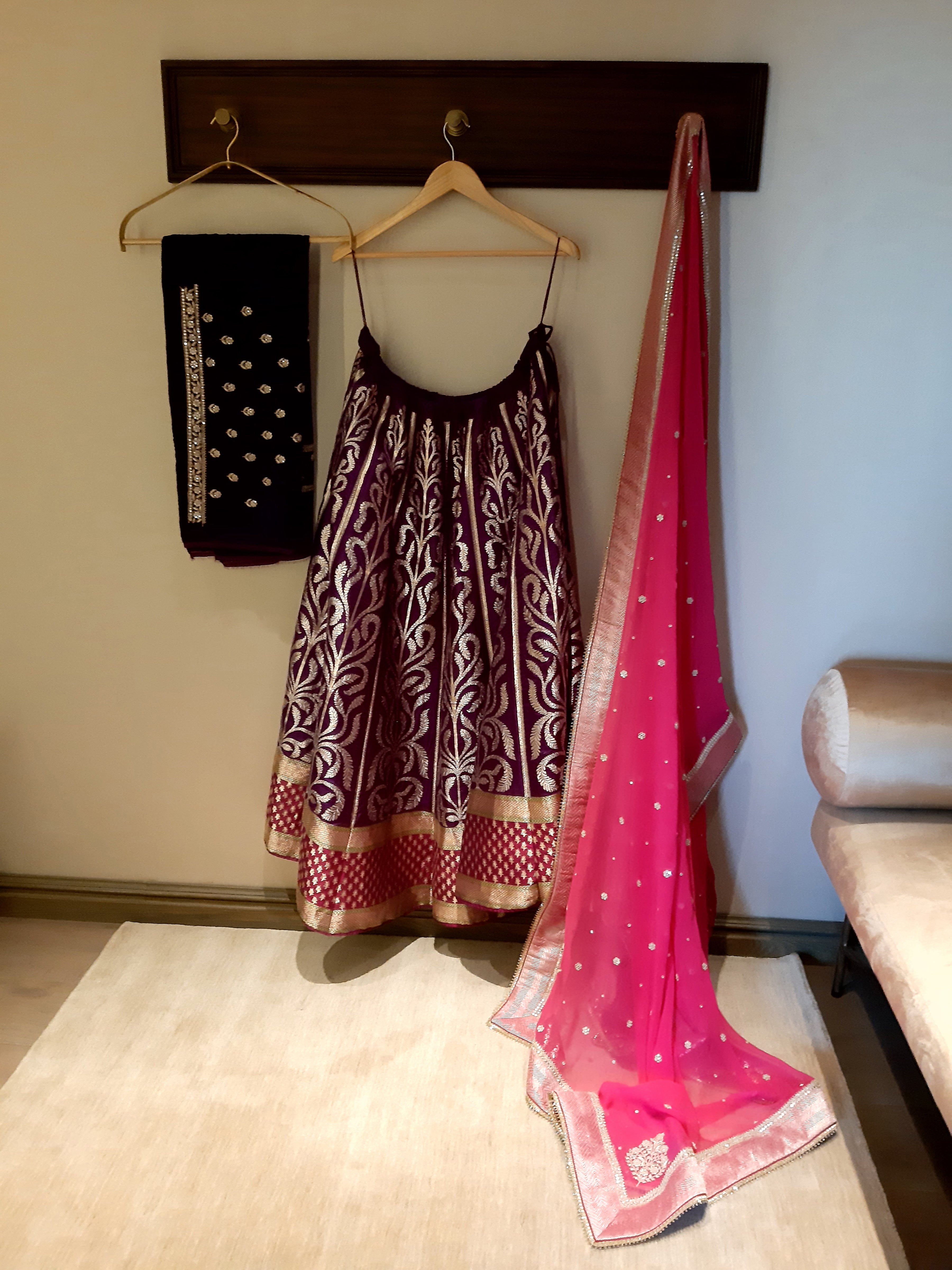Benaras Tree of Life With Velvet Blouse Mirror Dori Embroidery  Gota Dupatta Purple Lehenga Set (Semi Stitched)