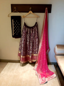 Banarasi Tree of Life With Velvet Blouse Mirror Dori Embroidery  Gota Dupatta Purple Lehenga Set (Semi Stitched)