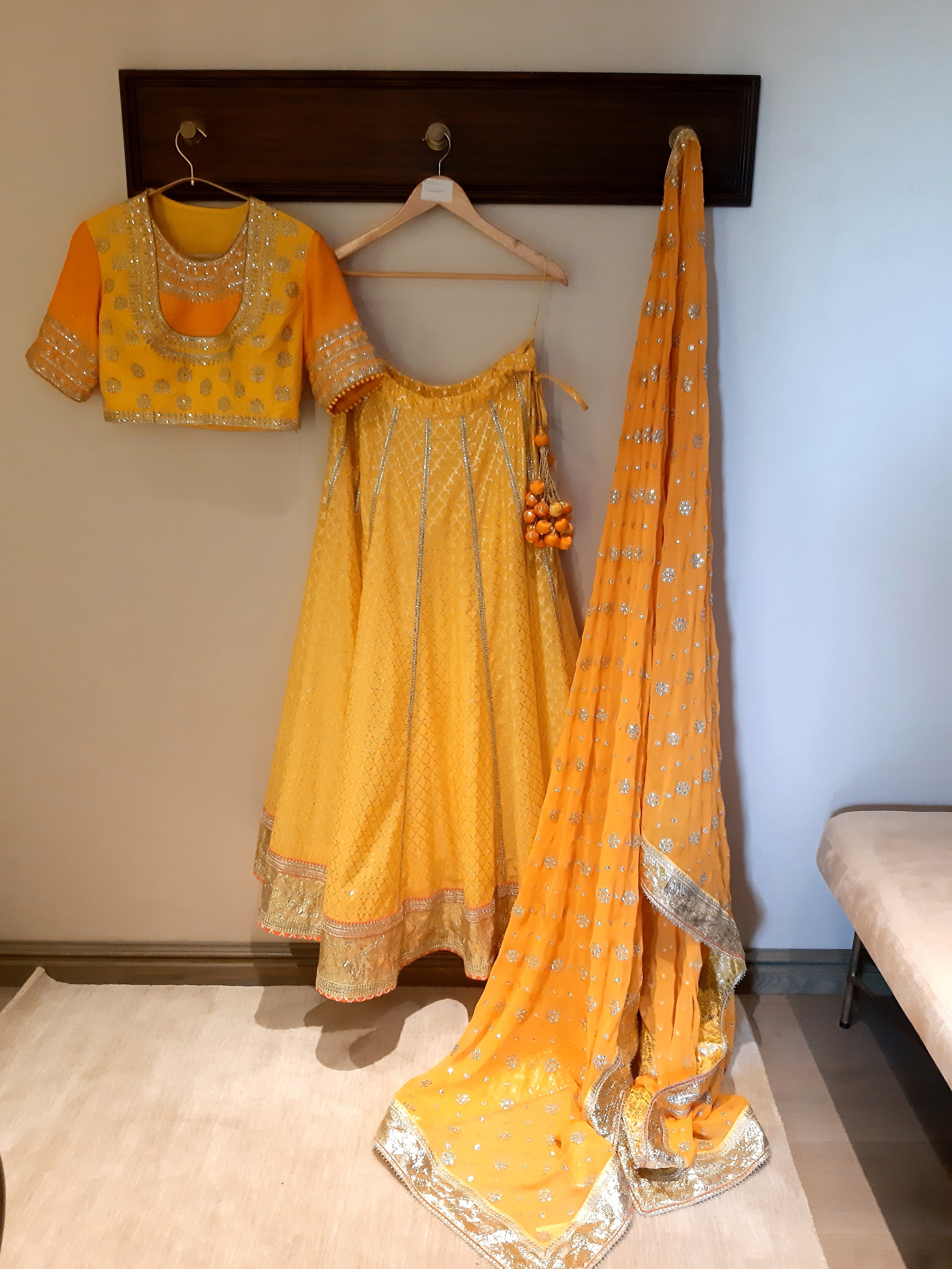 Woven Chanderi With Double Layered Blouse Yellow Lehenga Set