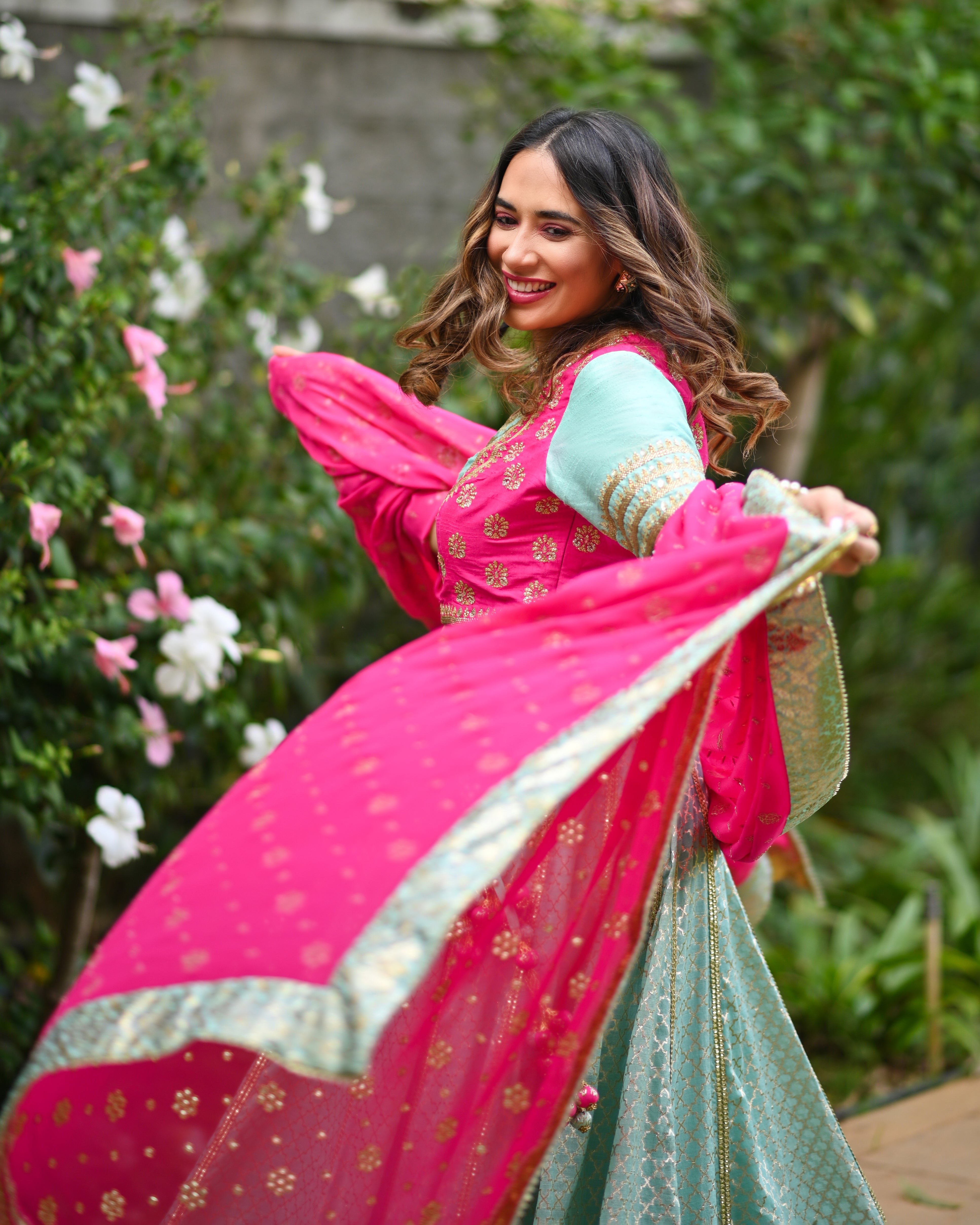 Woven Chanderi Lehenga Small Mughal Buti Embroidery with Gota Dupatt