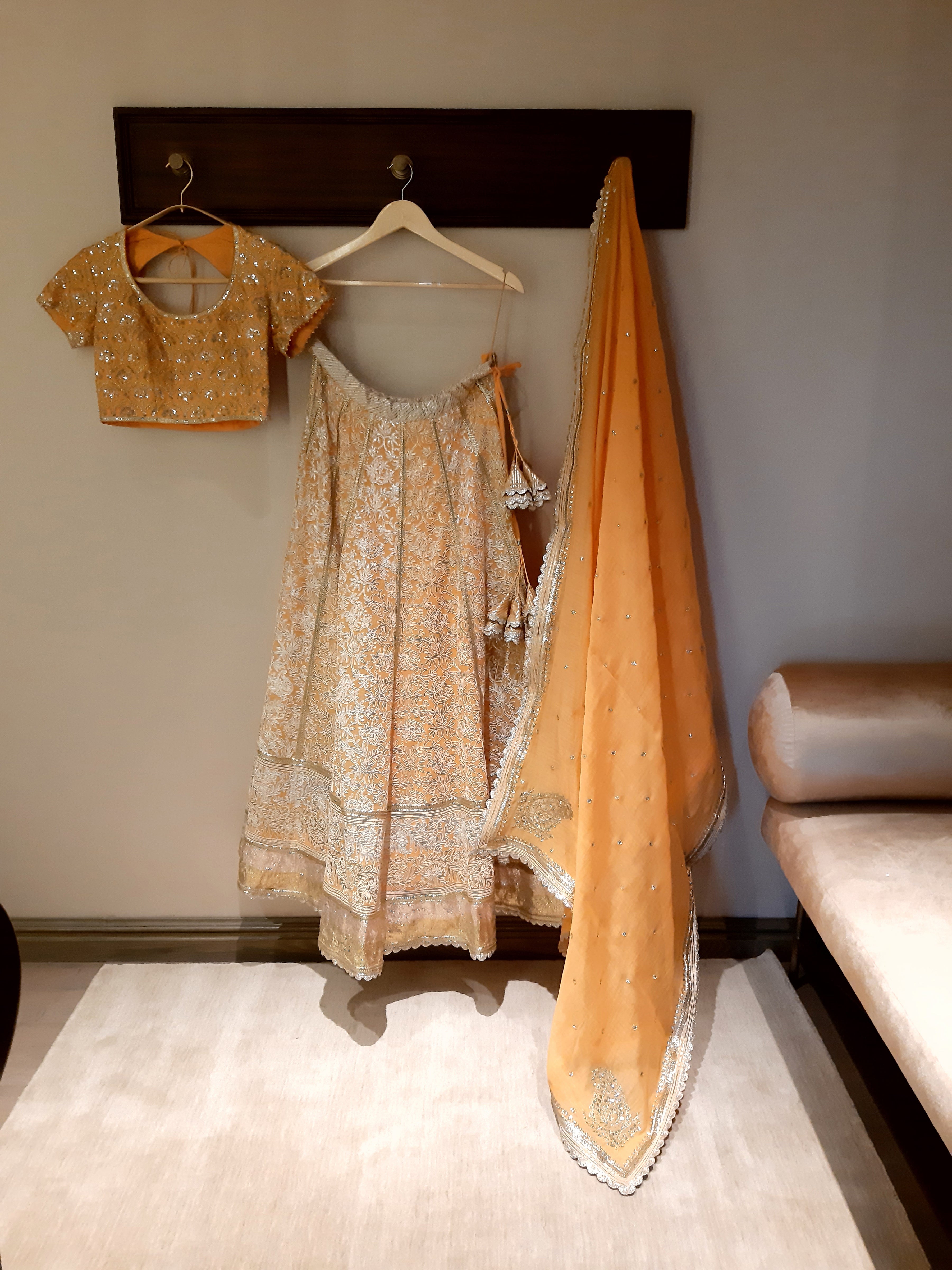 Banarasi Kota Gold and Silver Foil Print With Dori Embroidery Chanderi Blouse Orange Lehenga Set