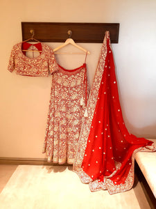 Satin Gara Red Lehenga Set