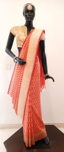 Benaras Silk Graded Diamond Jaal Silver-Gold Zari Coral Saree