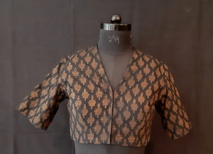 Dupion Silk Geomatric Leaf Design Gold Khadi Black Blouse