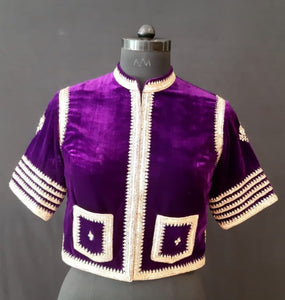 Velvet Dori Embroidery Small Flower Buti Purple Jacket Blouse