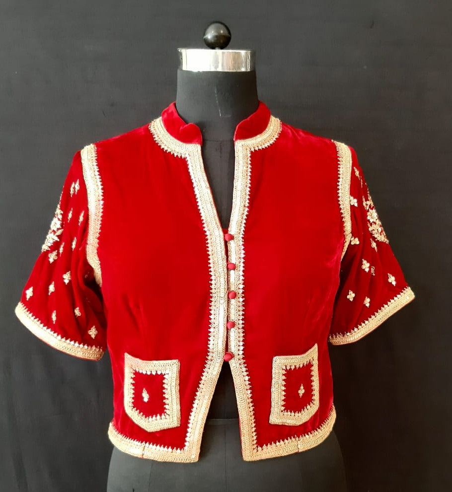 Velvet Dori Embroidery Small Flower Buti Red Jacket Blouse
