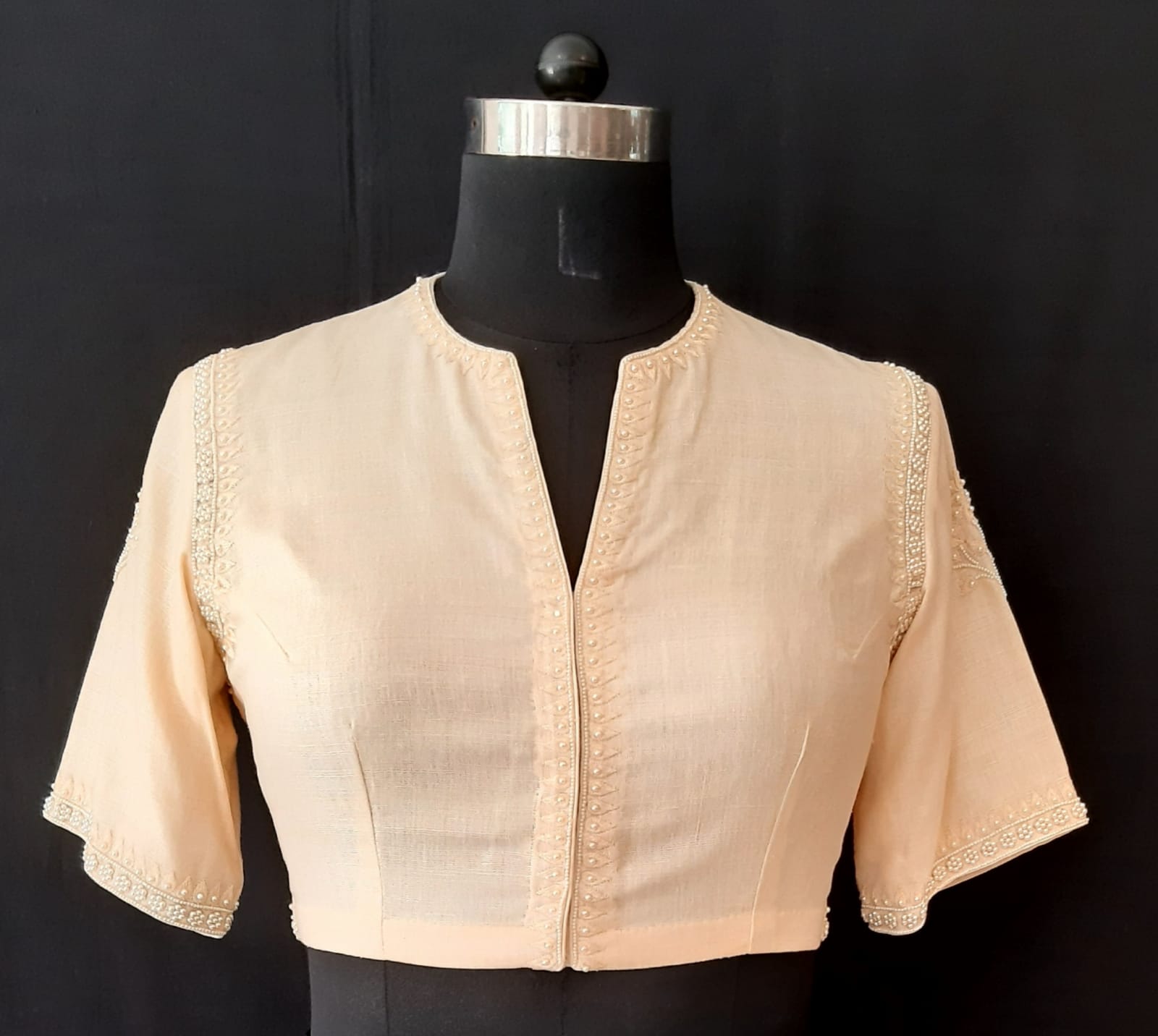 Dupion Silk Pearl Resham Big Flower Embodeiry  Cream Blouse