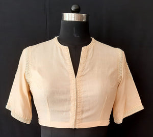 Dupion Silk Pearl Resham Big Flower Embodeiry  Cream Blouse