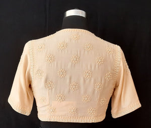 Dupion Silk Pearl Resham Big Flower Embodeiry  Cream Blouse
