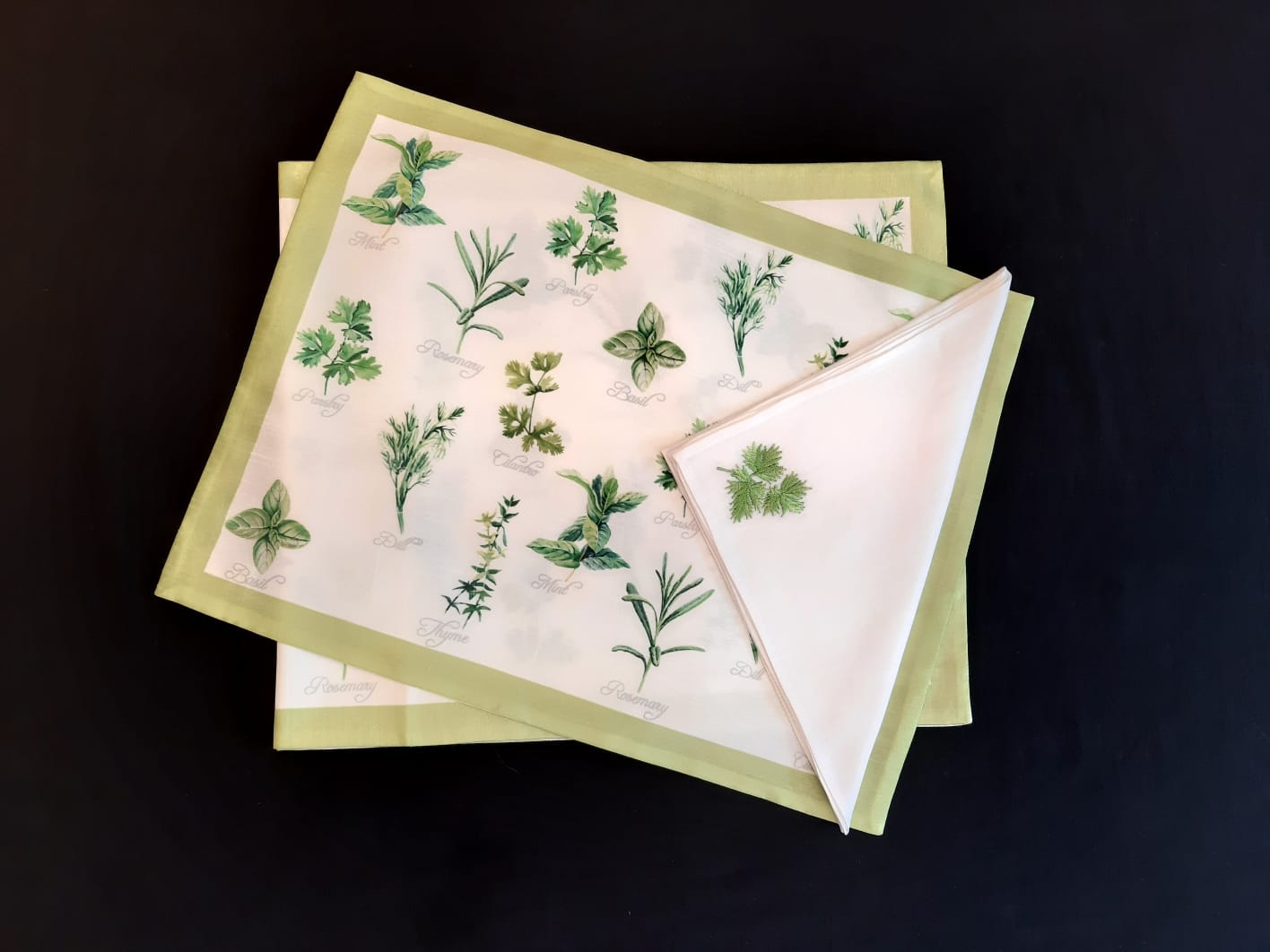 Dupion Silk Culinary Herbs Digital Print Green Mat Set