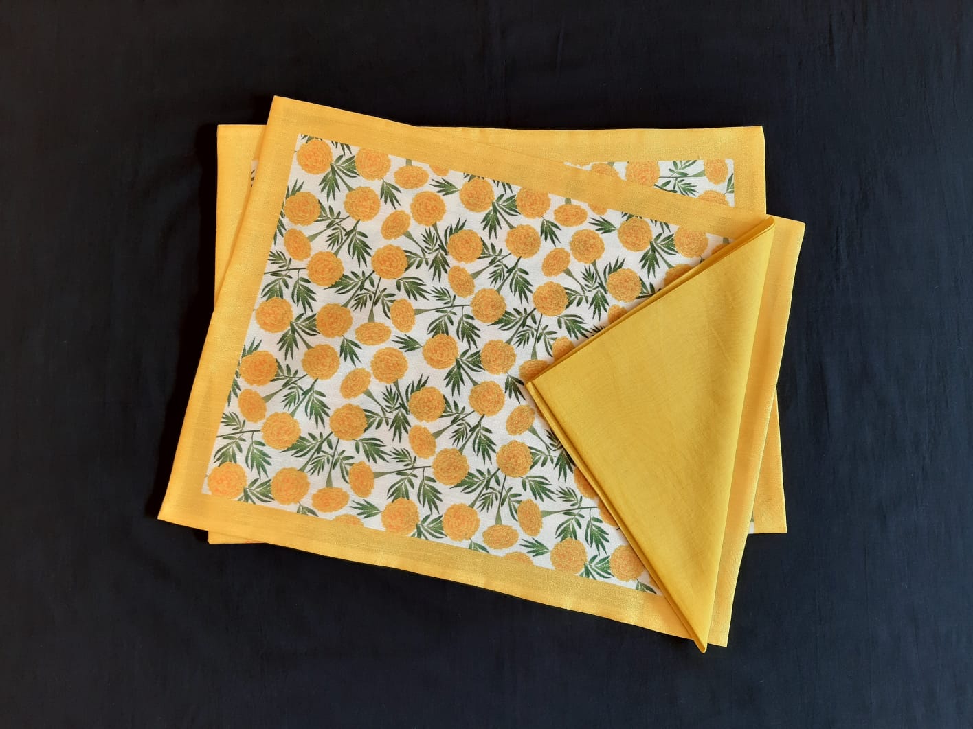 Dupion Silk Genda Flower Printed Yellow Mat Set