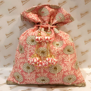 Dupion Silk Marigold Print With Sequins Highlighting Pink Potli