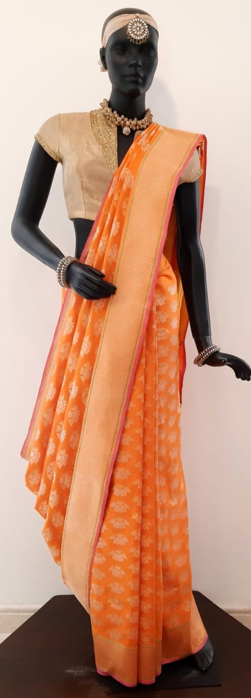 Benaras Silk Jhumka Buti Silver Gold Saree