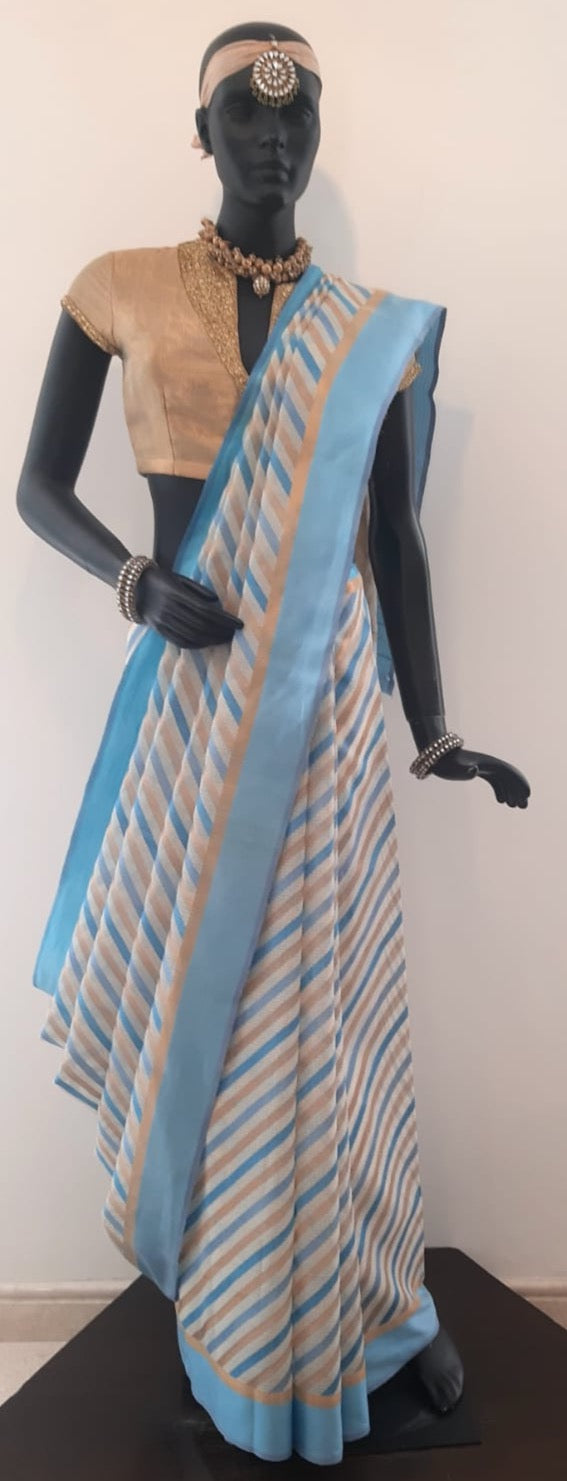 Kotah Cotton Diagonal Stripes 3 colour Leheriya Weave Off-White Saree