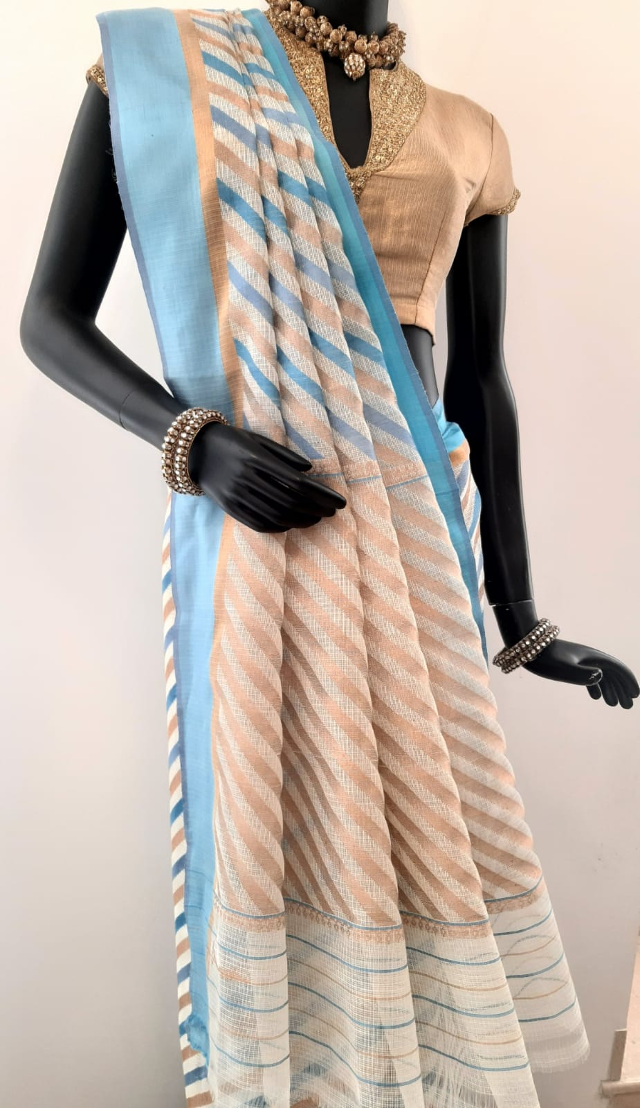 Kotah Cotton Diagonal Stripes 3 colour Leheriya Weave Off-White Saree