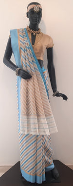 Load image into Gallery viewer, Kotah Cotton Diagonal Stripes 3 colour Leheriya Weave Off-White Saree
